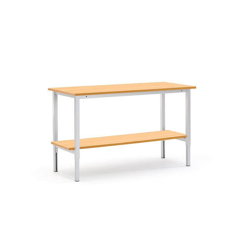 Nastaviteľný dielenský stôl Motion, so spodnou policou, 1500x600 mm, buk