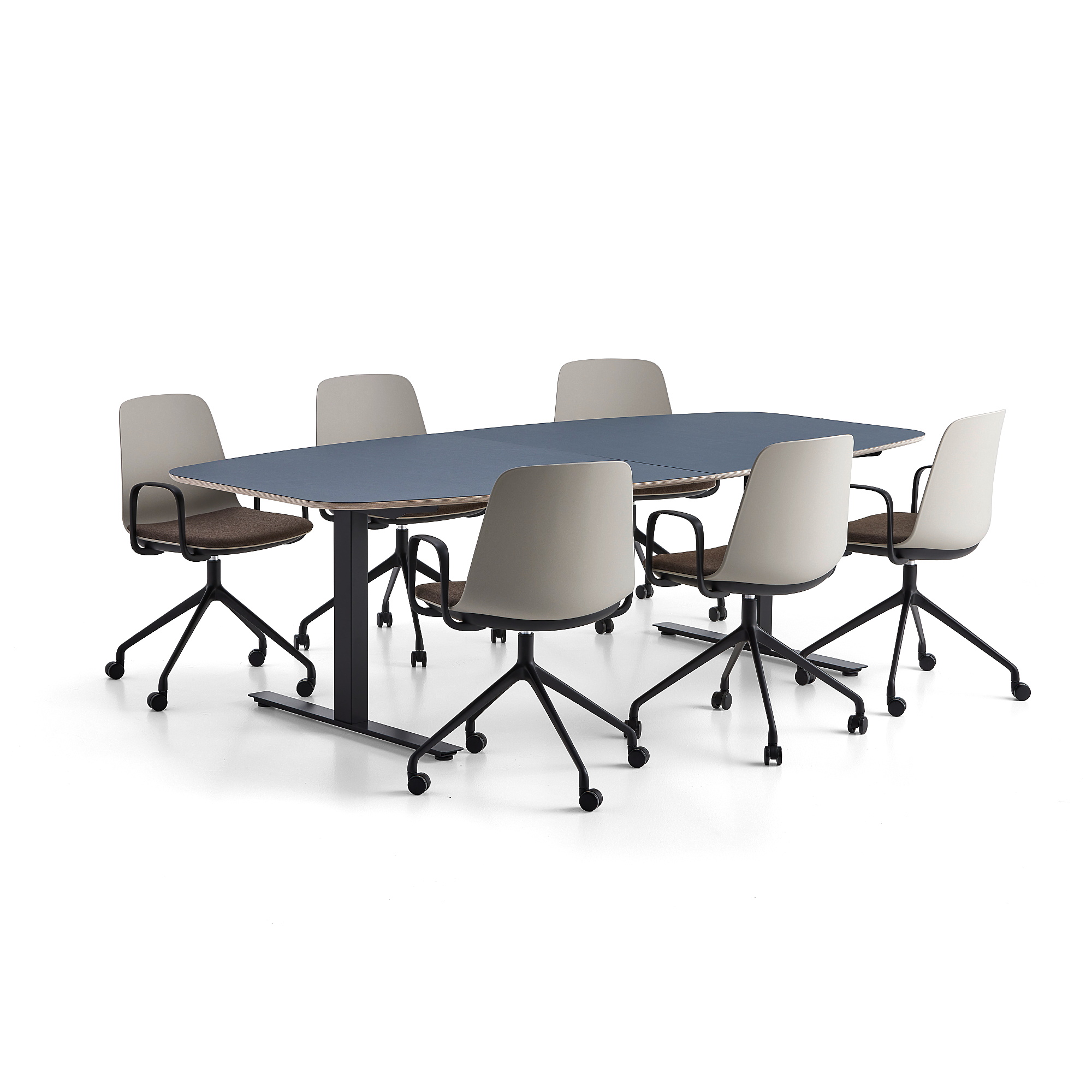 Rokovací nábytok AUDREY + LANGFORD, modrý stôl + 6 stoličiek, hnedé