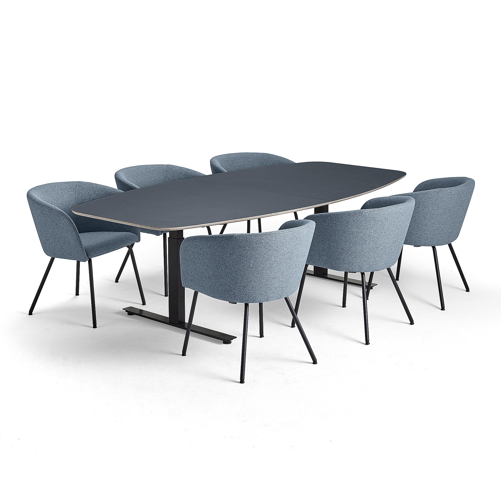 Rokovací nábytok AUDREY + HAPPY, 1 modrý stôl + 6 stoličiek, modrošedá